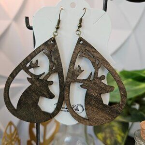 Oversized Tear Drop, Deer Head, Lightweight, Wooden Dangle Earrings,